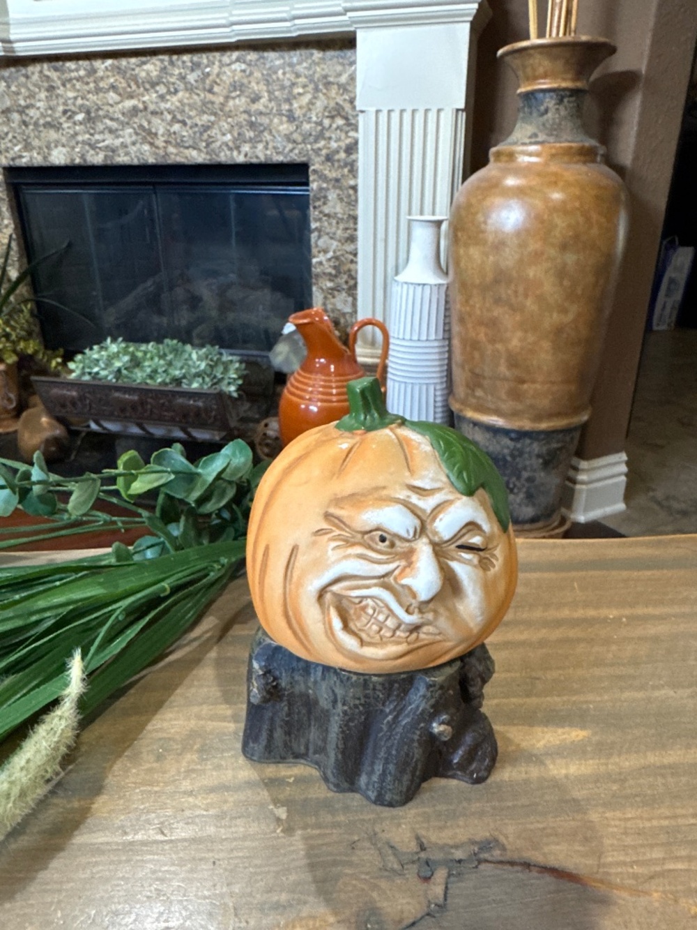 Vtg 88 Halloween Enesco Pumpkin Head on Tree Base Jack-O-Lantern RARE